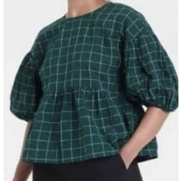 Christmas Dark Green Plaid Blouse Peplum Windowpane Puffed Sleeves A New Day XS - Picture 1 of 4